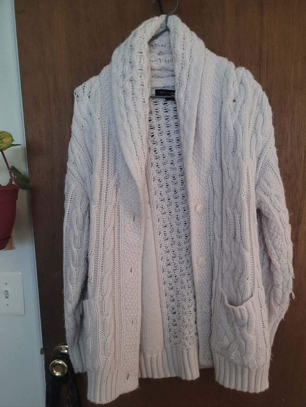 Skull Cashmere Cream Cable Knit Shawl-Collar Cardigan